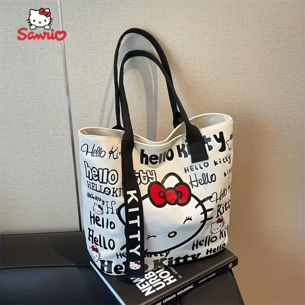 Sanrio Hello Kitty Canvas Reusable Zipper Canvas Tote Bag - Black